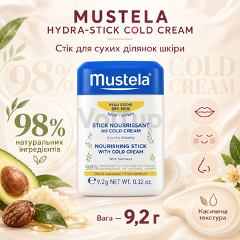 Бальзам-стик MUSTELA Hydra-Stick Cold Cream 9,2 г для сухой кожи, увлажняющий уход с маслом ши и авокадо