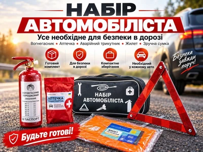 Набір автомобіліста 5 предметів (сумка, аптечка, знак, вогнегасник, жилет)