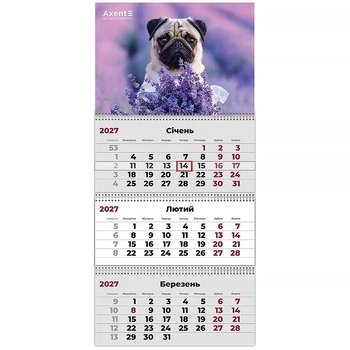 Календарь настенный квартальный 2027 г.,3 пружины Dogs 3 8803-27-12 AXENT