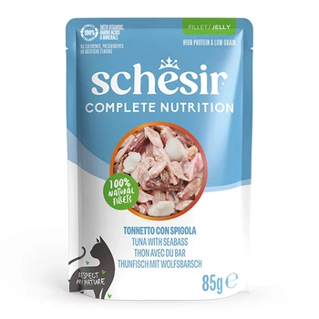 Полнорационный влажный корм консервы для котов Schesir Tuna with Seabass тунец с окунем в желе - пауч 85г (171054)