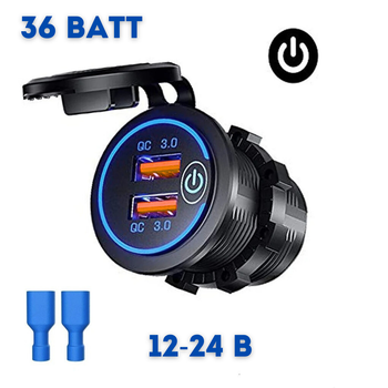 USB зарядка в авто врезная 36 Ватт QC 3.0 с кнопкой синяя