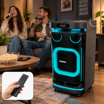 Портативная акустическая система Soundmax, колонка аккумуляторная 10" с LED подсветкой, FM-радио и караоке, с микрофонами и на колесах для вечеринок, мероприятий и дома Черная, TMS-10291