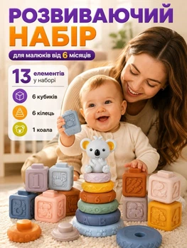 Розвиваючі іграшки для малюків та немовлят набір дитячих кубиків пірамідка сортер м'які тактильні сенсорні силіконові ігрові для купання з цифрами літерами тваринами формами гризунок коала Монтессорі для моторики логіки пам'яті