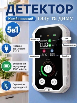 Датчик утечки газа и дыма противопожарный детектор СО природного газа метан пропан бутан газосигнализатор горючих газов с аккумулятором