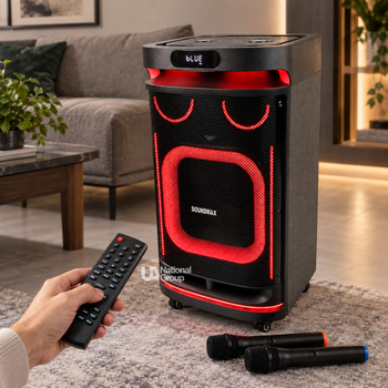 Колонка аккумуляторная 10" Soundmax с микрофонами и на колесах, портативная акустическая система с LED-подсветкой, FM-радио и караоке для дома, вечеринок и мероприятий Черная, TMS-10291