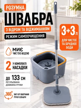 Турбо швабра с ведром на 6 л с отжимом и автоматическим полосканием и системой самоочистки, набор для уборки дома, мытья полов, окон и стен, 2 насадки из микрофибры в комплекте