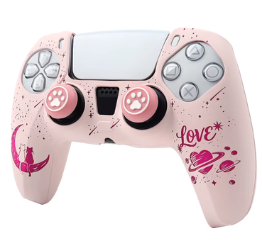 Качественный защитный силиконовый чехол Love (Pink) для геймпада Sony DualSense PS5 + накладки на стики