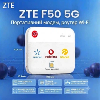 5G модем ZTE F50, WIFI-роутер 2.4/5 ГГц, підтримка 5G/4G+/4G LTE/3G всіх операторів, агрегація частот, читання SMS