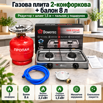 Газова плита двоконфоркова DOMOTEC Портативна газ плитка + балон газовий 8л + редуктор зі шлангом + пальник на балон у подарунок