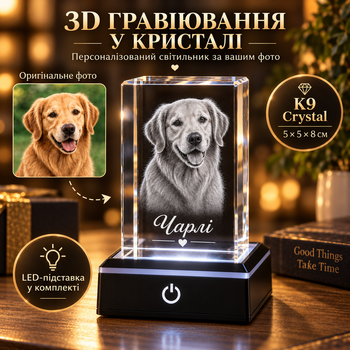 Персонализированный 3D LED-ночник/светильник «Ваш питомец» с фото и именем, K9-кристалл 5×5×8 см