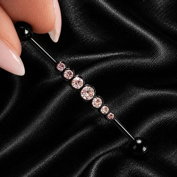 Серьга-штанга для пирсинга индастриал Asteel с розовыми кристаллами, черная