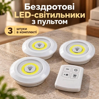 Светильник Led беспроводной 3 шт набор светильников 3 в 1 с пультом на батарейках и липкой ленте белые светильники