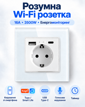 Розумна вбудована Wi-Fi розетка 16A 3500W з енергомоніторингом USB + Type-C керуванням зі смартфона Tuya / Smart Life (RR103EM)