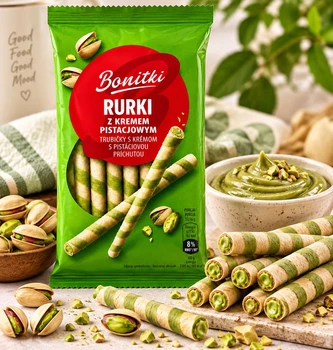 Вафельні трубочки Руркі фісташкові Bonitki Rurki z Kremem Pistacjowym Боніткі з фісташковим кремом начинкою Лоток 150г