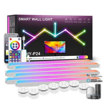 Настенные модульные Smart LED панели DIY-P24 RGBIC длиной 24 см с Bluetooth, пультом, USB (набор из 6 шт.) Белый