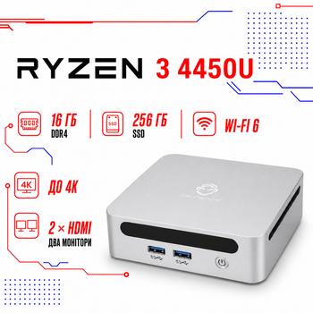 Міні-Пк GenMachine Ren 4000 / Ryzen 3 4450U / RAM 16GB / SSD 256GB / LAN / Wi-Fi / Bluetooth / Windows 11 Pro / Сірий