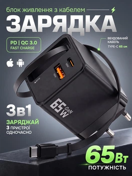 Сетевое зарядное устройство LEXEGO 65W быстрая зарядка GaN PD QC3.0 с выдвижным USB Type-C кабелем 65см для телефона универсальный блок питания для Samsung Xiaomi iPhone самсунга для ноутбука планшета черный (RC65-B)