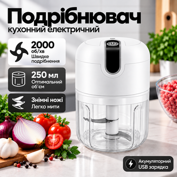 Измельчитель кухонный электрический беспроводной для овощей специй лука чеснока зелени орехов мяса и фарша чоппер мини блендер измельчитель аккумуляторный USB 250 мл 2000 об/мин со съёмными ножами прозрачная чаша белый Kayfovo