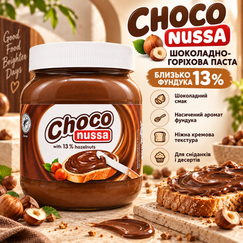 Шоколадно-ореховая паста Choco Nussa 750 г с фундуком 13% кремовая шоколадная намазка ореховый крем для тостов блинов оладий вафель печенья завтраков десертов тортов кремов начинок домашней выпечки