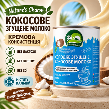 Кокосовое сгущенное молоко Nature's Charm 320 г натуральная растительная сгущенка с кокосовым молоком тростниковым сахаром кальцием без лактозы глютена сои ГМО трансжиров для кофе десертов кремов выпечки мороженого блинов вафель