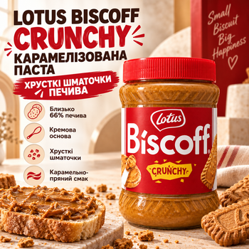 Карамельная паста Lotus Biscoff Crunchy 700 г с хрустящими кусочками печенья кремовая карамелизированная намазка с корицей для тостов блинов панкейков вафель круассанов чизкейков тортов выпечки десертов мороженого коктейлей