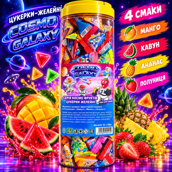 Желейные конфеты Cosmo Galaxy 1 кг 100 шт в банке 27х9 см фруктовый мармелад 4 вкуса