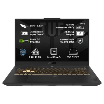 Ноутбук ASUS 17.3" X1704MA-AU010 TUF Gaming F17 (FHD IPS) /Intel Core 5 210H /16GB /F512GB /RTX3050-6Gb /NoOS /Gray