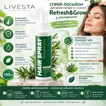 Спрей-лосьйон для шкіри голови та волосся проти випадання Refresh&Grow з розмарином LIVESTA, 150 мл