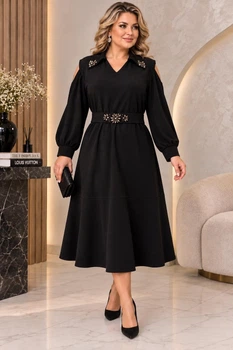 Платье DRESS PORT женское большого размера длинное нарядное с открытыми плечами со стразами и поясом 3XL, 52 черное