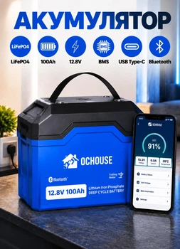 Аккумулятор LiFePO4 DC HOUSE 12.8V 100Ah 1280Wh с BMS USB Type-C Bluetooth для ДЖБ солнечных электростанций и off-grid систем
