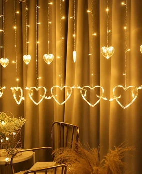 Гирлянда Штора Сердца-Love 12 шт., 3 × 1 м, теплый белый, 8 режимов, 220 В, 1847-17