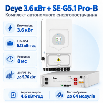 Комплект автономного енергопостачання Deye 3.6 кВт SUN-3.6K-SG05LP1-EU-AM2-P + Deye SE-G5.1 Pro-B 5.12 кВт·год