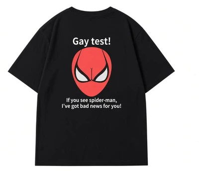 Чоловіча футболка L з гумористичним принтом з мемом Gay test Спайдермен? на подарунок другу | малюнок зображено на спині Black