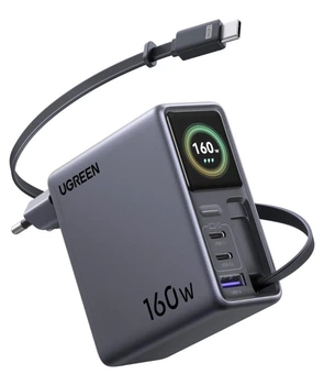 Зарядное устройство UGREEN Nexode Pro 160W с выдвижным кабелем, умным дисплеем и управлением с помощью приложения, 4-портовый GaN поддерживает AVS PD 3.1 и QC4.0