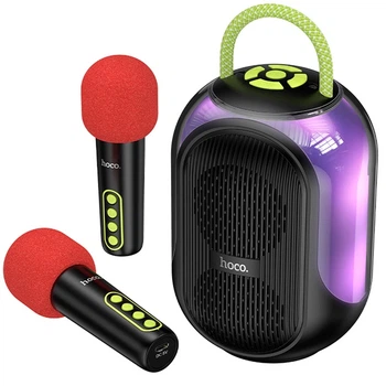 Колонка Bluetooth Hoco DS68 BT6.0 10W (2×5W) с RGB-подсветкой, TF и 2 беспроводными микрофонами для караоке Черный