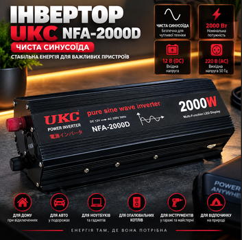 Перетворювачі напруги 12В 220В 2000 Вт UKC з дисплеєм і USB-роз'ємом, NFA