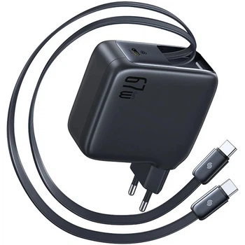 Быстрая зарядка для телефона Type-C / Сетевое зарядное устройство Baseus EnerCore CJ21 PD67W with retractable cables (3USB-C) (E0121D) (черный Cosmic Black)