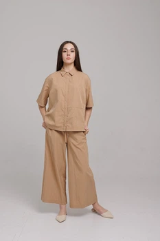 Жіночий літній костюм сорочка з коротким рукавом та штани кюлоти Modna KAZKA MKTL3802/5261 - 42, Бежевий