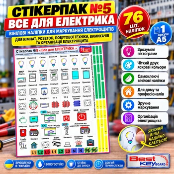 Наліпки для маркування електрощитів "Стикерпак №5. Все для електрика" Комплект: 76шт.