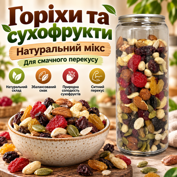 Суміш горіхів і сухофруктів 250 г натуральний мікс без зайвих домішок енергетичний снек для перекусу поживне асорті для сніданків каш йогуртів десертів