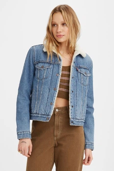 Жіноча джинсова куртка Levi's, блакитна, з хутром, розмір XL