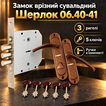 Замок врезной сувальдный для входных металлических дверей с ручками Шерлок 06.40-41 коричневый