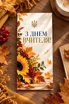 Открытка на день учителя "Осенний букет" с ламинацией, евроформат, одинарная, 10х21 см.