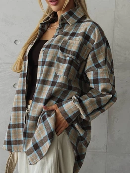 Фланелева сорочка в клітинку oversize 42-48 бежевий/шоколад/блакитний