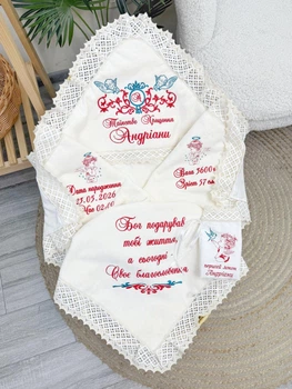 Крыжма для девочки Family Tradition велюровая махра сатин с вышивкой и кружевом 100х100 см айвори Божье благословение