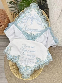 Крыжма для мальчика Family Tradition велюровая махра с вышивкой и кружевом 100х100 см белая Ангельский взгляд