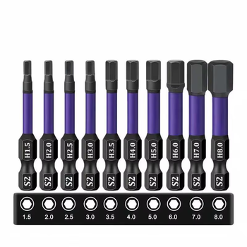 Набор бит шестигранных HEX H1.5–H8 S2 50 мм с держателем 10 шт. (фиолетовая маркировка)
