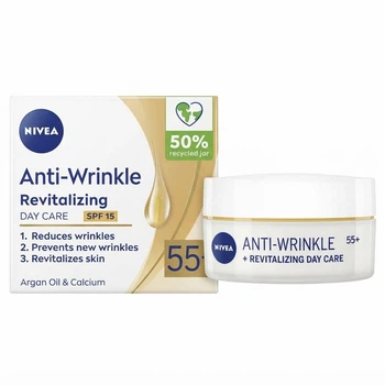 Дневной крем против морщин + ревитализация 55+ NIVEA Anti-Wrinkle Revitalizing Day Care 55+, SPF 15, 50 мл, Argan Oil & Calcium (Аргановое масло и кальций) Антивозрастной уход за кожей лица