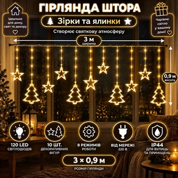 Гірлянда-штора Зірки та ялинки 3×0,9 м 120 LED 10 фігур з 8 режимами, Світлодіодна новорічна завіса від мережі 220 В для підсвічування вікон, стін, каміна, фотозон та святкового декору, Жовтий