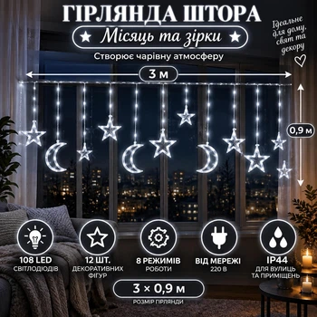 Гірлянда-штора Місяць та зірки 3×0,9 м 108 LED, Світлодіодна новорічна завіса з 12 декоративними фігурами та 8 режимами IP44 від мережі 220 В для вікон, стін, фотозон та святкового декору, Білий